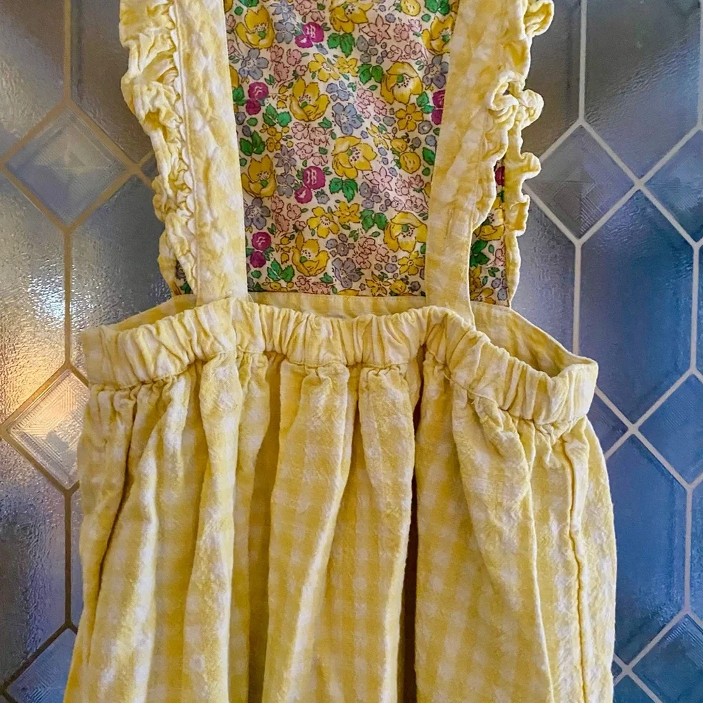 Mini Boden Yellow and White Checkered Pinafore Floral-Trim Dress - Picture 2 of 4